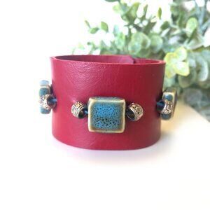 MishaGirl Handmade Red Leather Cuff Bracelet: One of a Kind with Blue Clay Beads